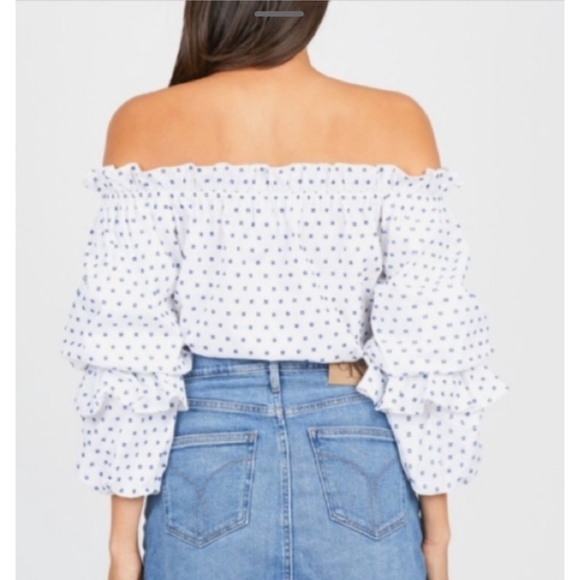 Olivia Culpo x Le Tote Off Shoulder Puff Sleeve Blouse Top Womens Sz M Chic Blue - Picture 8 of 15